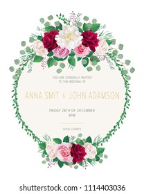 Greeting card with beautiful dark, pink and white roses, white peony and eucalyptus. Can be used as invitation card for wedding, birthday and other holiday. All elements are isolated and editable.