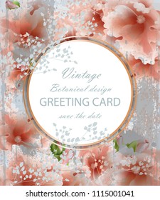 Greeting card with beautiful delicate pink flowers. Botanical detailed stylish card