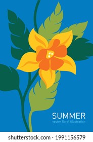  Greeting card , beautiful flower on blue. Vector illustration, banner, art print . Hello summer, flyer, label, invitation, birthday card design.