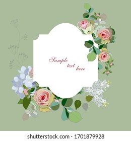 Greeting card with beautiful roses and hydrangeas on a green background