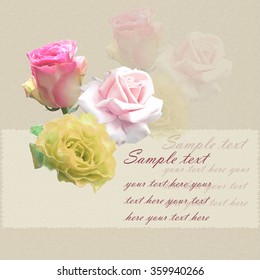 Greeting card with beautiful roses on a beige background for wedding, marriage, birthday, Valentine's day. Realistic gradient mesh vector illustration. 