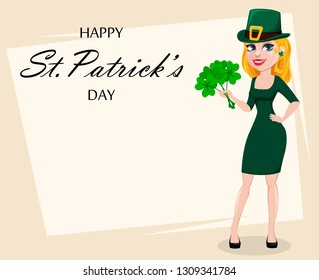 Greeting card with beautiful woman celebrating St. Patrick's Day. Cute female cartoon character in costume of Leprechaun holding a bouquet of clover. Vector illustration