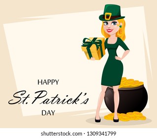 Greeting card with beautiful woman celebrating St. Patrick's Day. Cute female cartoon character in costume of Leprechaun holding gift box. Vector illustration