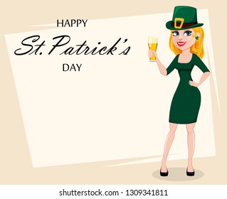 Greeting card with beautiful woman celebrating St. Patrick's Day. Cute female cartoon character in costume of Leprechaun holding a glass of beer. Vector illustration
