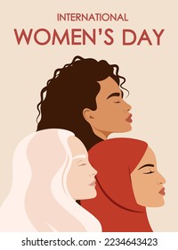 Tarjeta de saludo con hermosas mujeres de diferentes nacionalidades. Día Internacional de la Mujer.
