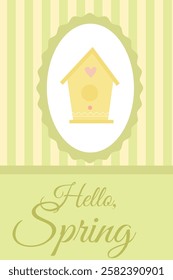 greeting card for the beginning of spring with a cute birdhouse