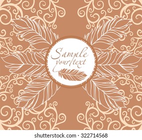 Greeting card in beige tones with patterns and feathers