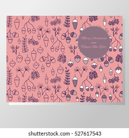 Greeting card with berries, acorns and other plants