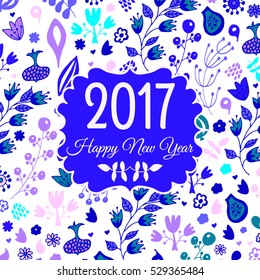 Greeting card with berries, flowers, leaves and other doodle plants