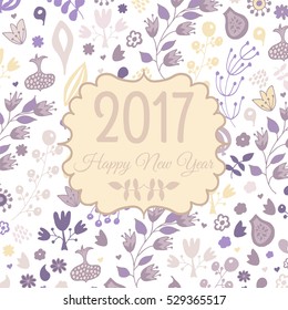Greeting card with berries, flowers, leaves and other doodle plants