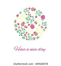 Greeting card with berries.  Raspberry, blackberry, blueberry, bush and branch elements. Bright colors. Summer motif. Have a nice day