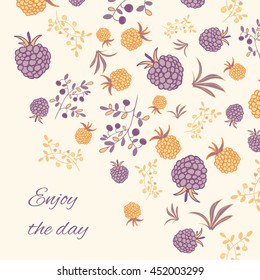 Greeting card with berries.  Raspberry, blackberry, blueberry, bush and branch elements. . Enjoy the day