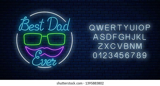 Greeting card to best dad ever father's day in neon style with alphabet on dark brick wall background. Glowing sign with glasses and mustache to daddy's holiday from children. Vector illustration.