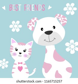 Greeting card best friends dog and cat. Sweet kids graphics for t-shirts. Greeting card.