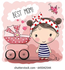 Greeting card Best mom with baby carriage