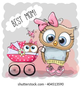 Greeting card Best mom with Cute Cartoon Owls and baby carriage