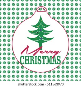 Greeting card with big ball and Christmas tree. Gift card.