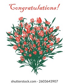 Greeting card of big bouquet drawn red roses, vector illustration, birthday, anniversary, celebration