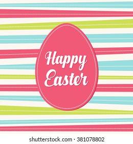 Greeting card with big pink egg and colorful stripes. Perfect for season greetings and spring holidays. Vector illustration