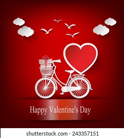 Greeting card with bike and air balloons in heart shape. paper art style.