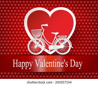 Greeting card with bike and air balloons in heart shape. .paper art style.
