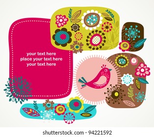 greeting card with bird and decorative flowers