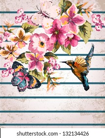 greeting card with bird and floral on stripe background