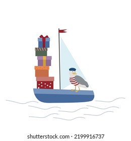 Greeting card with bird and gifts on a boat