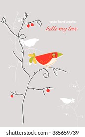 Greeting card, birds, feathers, birthday, celebration, child, fun, colored vector illustration, stock vector abstraction


