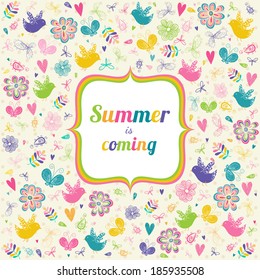 The greeting card with birds, flowers, butterflies, hearts and swirls.