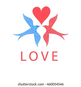 Greeting card with birds in love on a white background