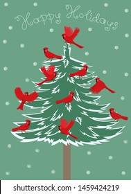 Greeting card with birds red cardinal sitting on the Christmas tree. Vector graphics.