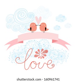 greeting card with birds for Valentine's day with a white background 