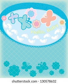 Greeting card with the birth of a boy. Application of the oval and the fabric with embroidery. Several children trace.