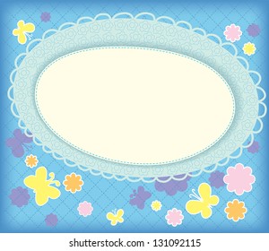 Greeting card with the birth of a boy. Application of the oval and the fabric with embroidery.