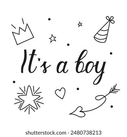 Greeting card for the birth of a Boy in doodle style. Vector invitation card template for baby gender reveal party. Calligraphic lettering for cards, invitations and banners. 