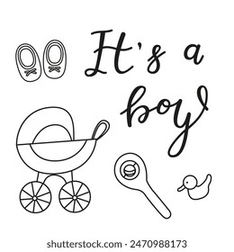 Greeting card for the birth of a Boy. Image of a baby carriage and things for newborns in doodle style. Vector invitation card template for baby gender reveal party. 