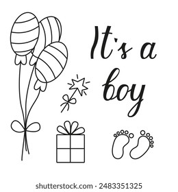 Greeting card for the birth of a Boy. Image of balloons and gifts in doodle style. Vector invitation card template for baby gender reveal party. 