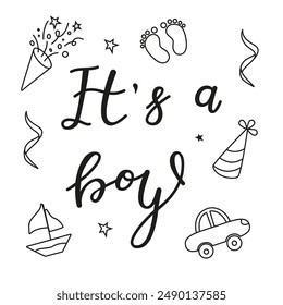 Greeting card for the birth of a Boy. Image of a firecracker, toys and holiday items in doodle style. Vector invitation card template for baby gender reveal party. 