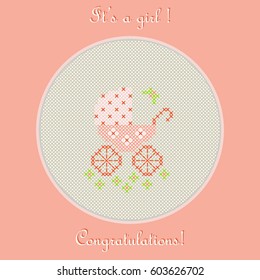 Greeting card with the birth of a child. There is embroidered baby carriage in an orange color in the picture. Vector illustration.