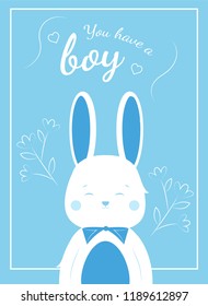 Greeting card with the birth of a child. This is a boy! Lovely bunny on a blue background.