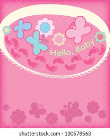 Greeting card with the birth of a girl. Application of the oval and the fabric with embroidery. Several children trace.