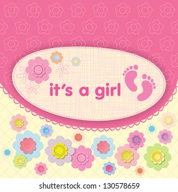 Greeting card with the birth of a girl. Applique flowers. Oval of the canvas. pink heels.