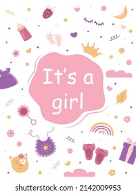 Greeting card with the birth of a girl. Arrival of the child and birth. Baby girl birthday party invitation. Illustration for postcard, banner and poster.