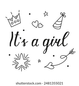 Greeting card for the birth of a Girl in doodle style. Vector invitation card template for baby gender reveal party. Calligraphic lettering for cards, invitations and banners. 