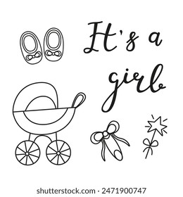 Greeting card for the birth of a Girl. Image of a baby carriage and things for newborns in doodle style. Vector invitation card template for baby gender reveal party. 