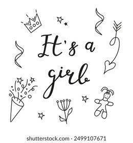 Greeting card for the birth of a Girl. Image of a firecracker and holiday items in doodle style. Vector invitation card template for baby gender reveal party. 