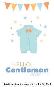 a greeting card for the birth of a little boy with a stylish baby suit with a butterfly 