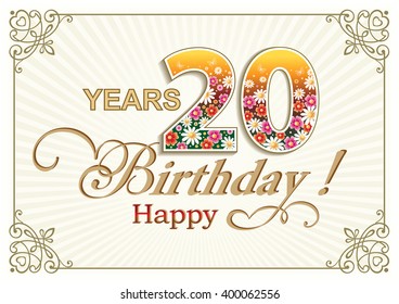 Greeting card birthday 20 years against the backdrop of the sun's rays in a frame with an ornament