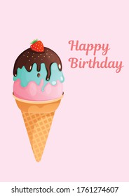 Greeting card birthday and another holiday on a pink background. A4 format greeting card template. Vector illustration text can be added, changed. Ice cream for a greeting card, menu, advertisement.
